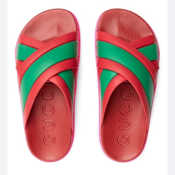 GUCCI Rubber Web Womens Criss Cross Slide Sandals  Coral New Shamarock - Picture 3 of 13